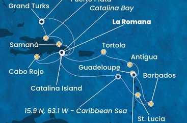 Dominikánska republika, Svätá Lucia, Barbados, Guadeloupe, Zámořské společenství Francie, Antigua a Barbuda, Britské Panenské ostrovy, Veľká Británia z La Romany na lodi Costa Fascinosa