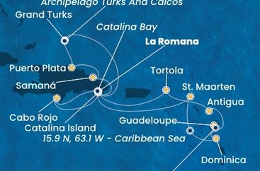 Dominikánska republika, Svatý Martin, Dominika, Guadeloupe, Zámořské společenství Francie, Antigua a Barbuda, Britské Panenské ostrovy, Veľká Británia z La Romany na lodi Costa Fascinosa