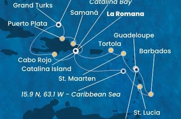 Dominikánska republika, Svätá Lucia, Barbados, Guadeloupe, Zámořské společenství Francie, Svatý Martin, Britské Panenské ostrovy, Veľká Británia z La Romany na lodi Costa Fascinosa