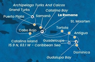 Dominikánska republika, Veľká Británia, Svatý Martin, Dominika, Guadeloupe, Zámořské společenství Francie, Antigua a Barbuda, Britské Panenské ostrovy z La Romany na lodi Costa Fascinosa