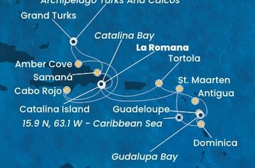 Dominikánska republika, Svatý Martin, Dominika, Guadeloupe, Zámořské společenství Francie, Antigua a Barbuda, Britské Panenské ostrovy, Veľká Británia z La Romany na lodi Costa Fascinosa