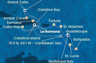 Dominikánska republika, Veľká Británia, Svätá Lucia, Barbados, Guadeloupe, Zámořské společenství Francie, Svatý Martin, Britské Panenské ostrovy z La Romany na lodi Costa Fascinosa