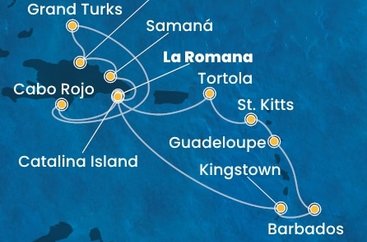 Dominikánska republika, Svätý Vincent a Grenadiny, Barbados, Guadeloupe, Svätý Krištof a Nevis, Britské Panenské ostrovy, Veľká Británia z La Romany na lodi Costa Pacifica