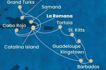 Dominikánska republika, Svätý Vincent a Grenadiny, Barbados, Guadeloupe, Svätý Krištof a Nevis, Britské Panenské ostrovy, Veľká Británia z La Romany na lodi Costa Pacifica