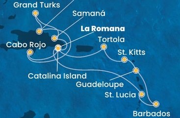 Dominikánska republika, Veľká Británia, Svätá Lucia, Barbados, Guadeloupe, Svätý Krištof a Nevis, Britské Panenské ostrovy z La Romany na lodi Costa Pacifica