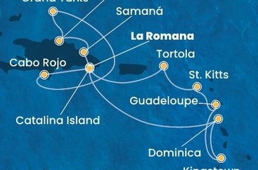 Dominikánska republika, Dominika, Svätý Vincent a Grenadiny, Guadeloupe, Svätý Krištof a Nevis, Britské Panenské ostrovy, Veľká Británia z La Romany na lodi Costa Pacifica