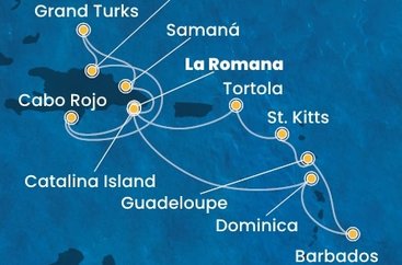 Dominikánska republika, Dominika, Barbados, Guadeloupe, Svätý Krištof a Nevis, Britské Panenské ostrovy, Veľká Británia z La Romany na lodi Costa Pacifica