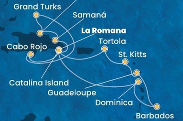 Dominikánska republika, Veľká Británia, Dominika, Barbados, Guadeloupe, Svätý Krištof a Nevis, Britské Panenské ostrovy z La Romany na lodi Costa Pacifica