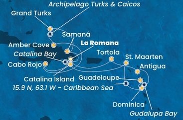 Dominikánska republika, Veľká Británia, Svatý Martin, Dominika, Guadeloupe, Zámořské společenství Francie, Antigua a Barbuda, Britské Panenské ostrovy z La Romany na lodi Costa Fascinosa