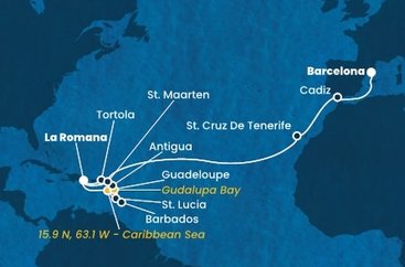 Dominikánska republika, Svätá Lucia, Barbados, Guadeloupe, Zámořské společenství Francie, Antigua a Barbuda, Britské Panenské ostrovy, Svatý Martin, Španielsko z La Romany na lodi Costa Fascinosa