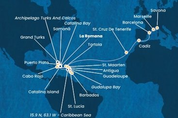 Dominikánska republika, Veľká Británia, Svätá Lucia, Barbados, Guadeloupe, Zámořské společenství Francie, Antigua a Barbuda, Britské Panenské ostrovy, Svatý Martin, Španielsko, Francúzsko, Taliansko z La Romany na lodi Costa Fascinosa