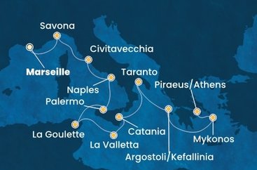 Francúzsko, Taliansko, Tunisko, Malta, Grécko z Marseille na lodi Costa Fascinosa