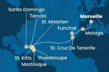 Francúzsko, Španielsko, Portugalsko, Svatý Martin, Martinik, Guadeloupe, Svätý Krištof a Nevis, Britské Panenské ostrovy, Dominikánska republika z Marseille na lodi Costa Fascinosa