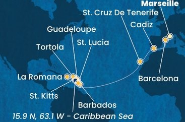 Francúzsko, Španielsko, Barbados, Guadeloupe, Svätý Krištof a Nevis, Britské Panenské ostrovy, Dominikánska republika, Svätá Lucia z Marseille na lodi Costa Fascinosa