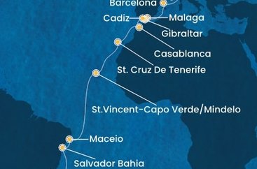 Francúzsko, Taliansko, Španielsko, Gibraltár, Maroko, Kapverdy, Brazília z Marseille na lodi Costa Diadema