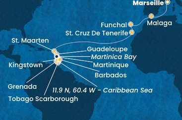 Francúzsko, Španielsko, Portugalsko, Svatý Martin, Martinik, Guadeloupe, Zámořské společenství Francie, Trinidad a Tobago, Grenada, Svätý Vincent a Grenadiny, Barbados z Marseille na lodi Costa Fortuna