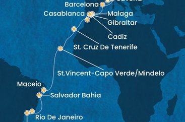 Francúzsko, Taliansko, Španielsko, Gibraltár, Maroko, Kapverdy, Brazília z Marseille na lodi Costa Diadema