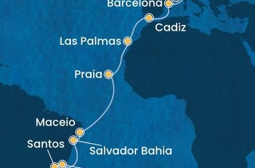 Francúzsko, Taliansko, Španielsko, Kapverdy, Brazília z Marseille na lodi Costa Diadema