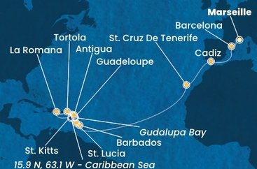 Francúzsko, Španielsko, Barbados, Guadeloupe, Svätý Krištof a Nevis, Britské Panenské ostrovy, Dominikánska republika, Svätá Lucia, Zámořské společenství Francie, Antigua a Barbuda z Marseille na lodi Costa Fascinosa