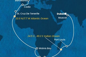 Francúzsko, Španielsko, Namíbia, Juhoafrická republika, , Maurícius, Omán, Spojené arabské emiráty z Marseille na lodi Costa Smeralda