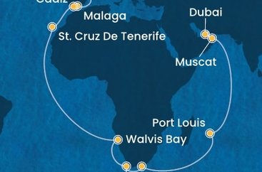 Francúzsko, Španielsko, Namíbia, Juhoafrická republika, Maurícius, Omán, Spojené arabské emiráty z Marseille na lodi Costa Toscana