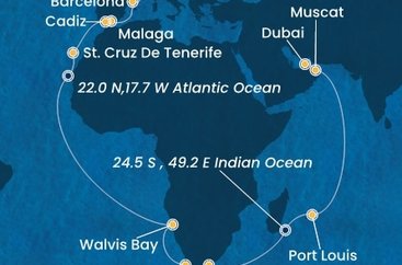 Francúzsko, Španielsko, Namíbia, Juhoafrická republika, , Maurícius, Omán, Spojené arabské emiráty z Marseille na lodi Costa Toscana