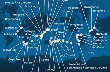 Francúzsko, Španielsko, Maroko, Barbados, Kolumbia, Panama, Ekvádor, Peru, Chile, Zámořské území Velké Británie, Francouzská Polynésie, Samoa, Tonga, Fiji, Vanuatská republika, Nová Kaledonie, Austrália, Papua Nová Guinea, Japonsko, Južná Kórea, Tchaj-wan, Čína, Vietnam, Singapur, Malajzia, Srí Lanka, Maledivy, Maurícius, Juhoafrická republika, Namíbia, Kapverdy z Marseille na lodi Costa Deliziosa