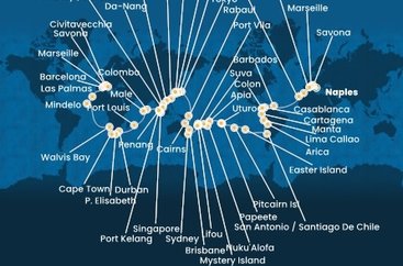 Taliansko, Francúzsko, Španielsko, Maroko, Barbados, Kolumbia, Panama, Ekvádor, Peru, Chile, Zámořské území Velké Británie, Francouzská Polynésie, Samoa, Tonga, Fiji, Vanuatská republika, Nová Kaledonie, Austrália, Papua Nová Guinea, Japonsko, Južná Kórea, Tchaj-wan, Čína, Vietnam, Singapur, Malajzia, Srí Lanka, Maledivy, Maurícius, Juhoafrická republika, Namíbia, Kapverdy z Neapolu na lodi Costa Deliziosa