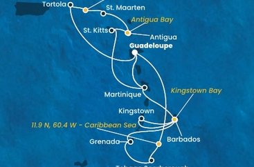 Guadeloupe, , Trinidad a Tobago, Grenada, Barbados, Svätý Vincent a Grenadiny, Martinik, Britské Panenské ostrovy, Svatý Martin, Antigua a Barbuda, Svätý Krištof a Nevis z Pointe-à-Pitre na lodi Costa Fortuna