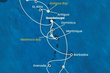 Guadeloupe, Zámořské společenství Francie, Trinidad a Tobago, Grenada, Barbados, Dominika, Martinik, Britské Panenské ostrovy, , Svatý Martin, Antigua a Barbuda, Svätý Krištof a Nevis z Pointe-à-Pitre na lodi Costa Fortuna