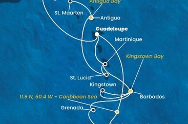 Guadeloupe, Britské Panenské ostrovy, , Svatý Martin, Antigua a Barbuda, Svätá Lucia, Martinik, Trinidad a Tobago, Grenada, Barbados, Svätý Vincent a Grenadiny z Pointe-à-Pitre na lodi Costa Fortuna