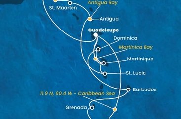 Guadeloupe, , Trinidad a Tobago, Grenada, Barbados, Dominika, Martinik, Britské Panenské ostrovy, Svatý Martin, Antigua a Barbuda, Svätá Lucia z Pointe-à-Pitre na lodi Costa Fortuna