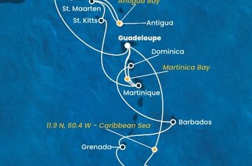 Guadeloupe, Britské Panenské ostrovy, , Antigua a Barbuda, Svatý Martin, Svätý Krištof a Nevis, Martinik, Trinidad a Tobago, Grenada, Barbados, Dominika z Pointe-à-Pitre na lodi Costa Fortuna