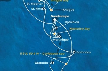 Guadeloupe, Britské Panenské ostrovy, , Antigua a Barbuda, Svatý Martin, Svätý Krištof a Nevis, Martinik, Zámořské společenství Francie, Trinidad a Tobago, Grenada, Barbados, Dominika z Pointe-à-Pitre na lodi Costa Fortuna