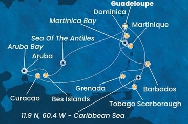 Guadeloupe, Zámořské společenství Francie, Trinidad a Tobago, Grenada, Barbados, Dominika, Martinik, Bonaire, Aruba, Holandsko, Curacao z Pointe-à-Pitre na lodi Costa Fortuna