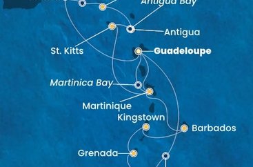 Guadeloupe, Britské Panenské ostrovy, , Svatý Martin, Antigua a Barbuda, Svätý Krištof a Nevis, Martinik, Zámořské společenství Francie, Trinidad a Tobago, Grenada, Svätý Vincent a Grenadiny, Barbados z Pointe-à-Pitre na lodi Costa Fortuna