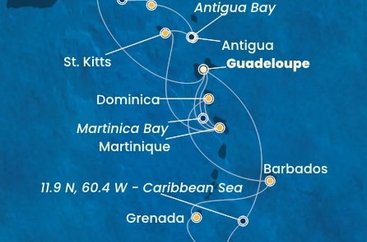 Guadeloupe, Britské Panenské ostrovy, , Svatý Martin, Antigua a Barbuda, Svätý Krištof a Nevis, Martinik, Zámořské společenství Francie, Trinidad a Tobago, Grenada, Barbados, Dominika z Pointe-à-Pitre na lodi Costa Fortuna