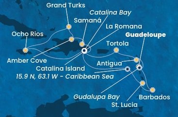 Guadeloupe, Zámořské společenství Francie, Antigua a Barbuda, Britské Panenské ostrovy, Dominikánska republika, Jamajka, Veľká Británia, Svätá Lucia, Barbados z Pointe-à-Pitre na lodi Costa Fascinosa