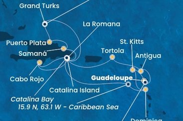 Guadeloupe, Zámořské společenství Francie, Antigua a Barbuda, Britské Panenské ostrovy, Dominikánska republika, Veľká Británia, Dominika, Svätý Krištof a Nevis z Pointe-à-Pitre na lodi Costa Fascinosa