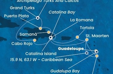 Guadeloupe, Zámořské společenství Francie, Svatý Martin, Britské Panenské ostrovy, Dominikánska republika, Veľká Británia, Dominika z Pointe-à-Pitre na lodi Costa Fascinosa