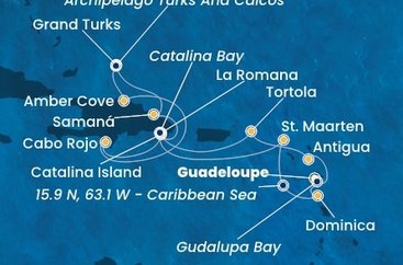 Guadeloupe, Zámořské společenství Francie, Antigua a Barbuda, Britské Panenské ostrovy, Dominikánska republika, Veľká Británia, Svatý Martin, Dominika z Pointe-à-Pitre na lodi Costa Fascinosa