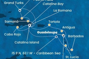 Guadeloupe, Zámořské společenství Francie, Antigua a Barbuda, Britské Panenské ostrovy, Dominikánska republika, Veľká Británia, Svätá Lucia, Barbados z Pointe-à-Pitre na lodi Costa Fascinosa