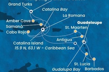 Guadeloupe, Zámořské společenství Francie, Antigua a Barbuda, Svatý Martin, Dominikánska republika, Veľká Británia, Svätá Lucia, Barbados z Pointe-à-Pitre na lodi Costa Fascinosa