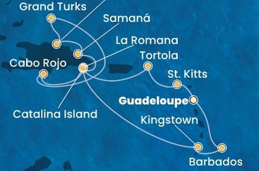 Guadeloupe, Svätý Krištof a Nevis, Britské Panenské ostrovy, Dominikánska republika, Veľká Británia, Svätý Vincent a Grenadiny, Barbados z Pointe-à-Pitre na lodi Costa Pacifica