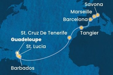 Guadeloupe, Svätá Lucia, Barbados, Španielsko, Maroko, Francúzsko, Taliansko z Pointe-à-Pitre na lodi Costa Fascinosa