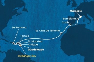 Guadeloupe, Zámořské společenství Francie, Antigua a Barbuda, Britské Panenské ostrovy, Dominikánska republika, Svatý Martin, Španielsko, Francúzsko z Pointe-à-Pitre na lodi Costa Fascinosa