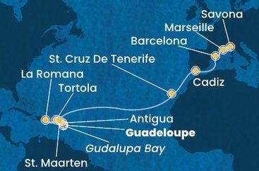 Guadeloupe, Zámořské společenství Francie, Antigua a Barbuda, Britské Panenské ostrovy, Dominikánska republika, Svatý Martin, Španielsko, Francúzsko, Taliansko z Pointe-à-Pitre na lodi Costa Fascinosa