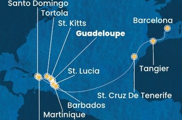 Guadeloupe, Svätý Krištof a Nevis, Britské Panenské ostrovy, Dominikánska republika, Martinik, Svätá Lucia, Barbados, Španielsko, Maroko z Pointe-à-Pitre na lodi Costa Fascinosa