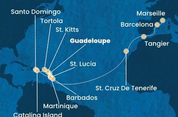 Guadeloupe, Svätý Krištof a Nevis, Britské Panenské ostrovy, Dominikánska republika, Martinik, Svätá Lucia, Barbados, Španielsko, Maroko, Francúzsko z Pointe-à-Pitre na lodi Costa Fascinosa