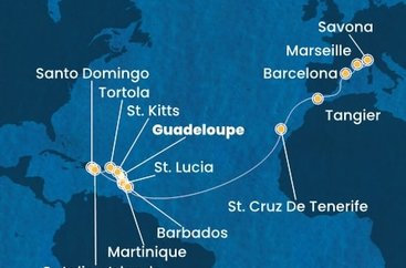 Guadeloupe, Svätý Krištof a Nevis, Britské Panenské ostrovy, Dominikánska republika, Martinik, Svätá Lucia, Barbados, Španielsko, Maroko, Francúzsko, Taliansko z Pointe-à-Pitre na lodi Costa Fascinosa